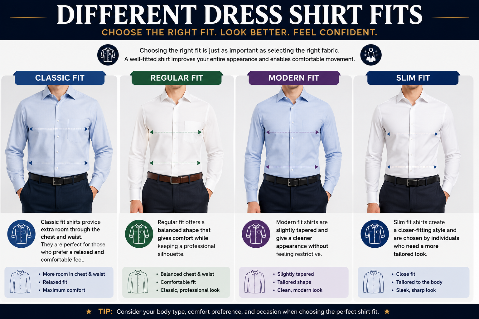Infographic comparing Classic Fit, Regular Fit, Modern Fit, and Slim Fit dress shirts for professional and business wear.