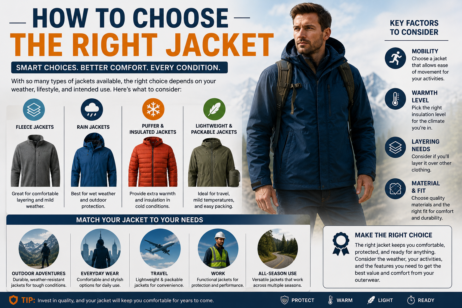Guide showing how to choose the right jacket based on weather, warmth, mobility, layering, material, and fit