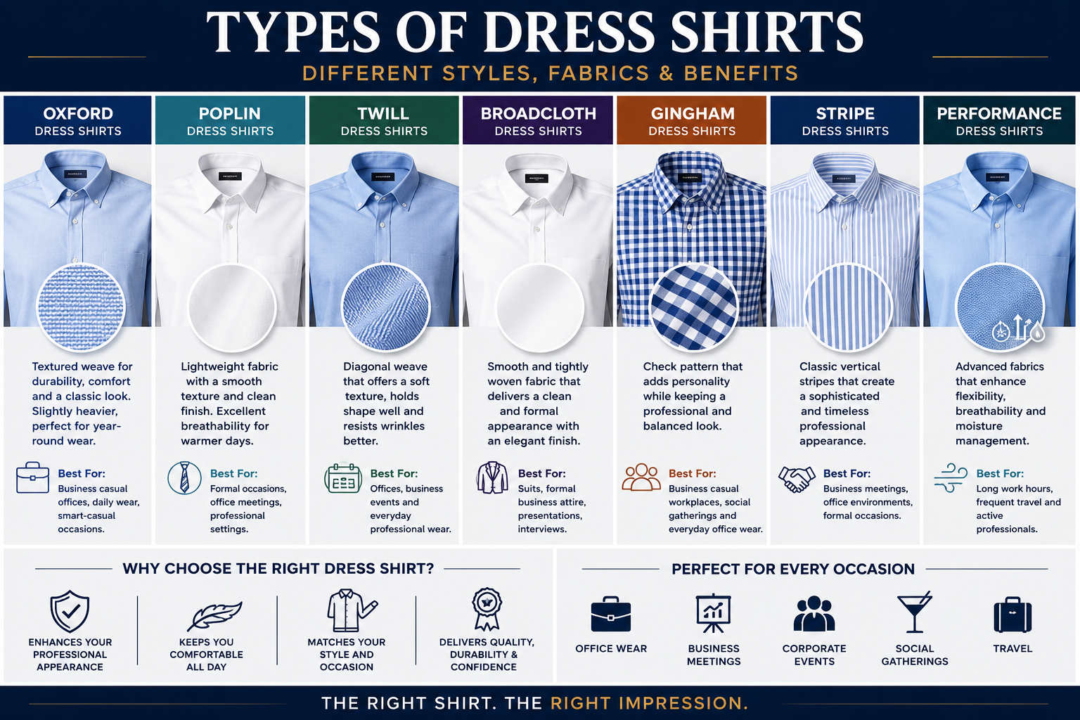 Infographic showcasing different types of dress shirts, including Oxford, Poplin, Twill, Broadcloth, Gingham, Stripe, and Performance styles